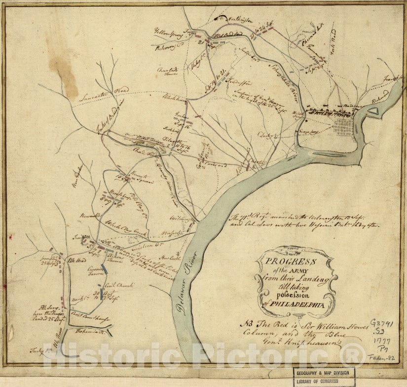 Historical Map, 1777 Progress of The Army from Their Landing Till Taking Possession of Philadelphia, Vintage Wall Art