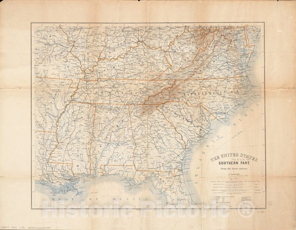 Historical Map, 1866 The United States southern part : from the latest surveys, Vintage Wall Art