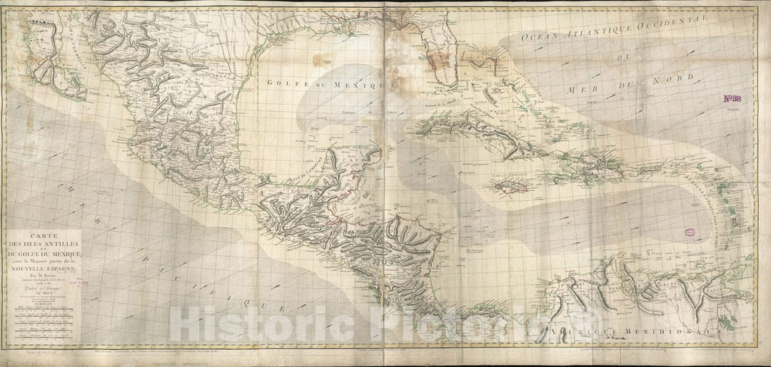 Historical Map, 1782 Carte des Isles Antilles et du Golfe du Mexique : avec la majeure Partie de la Nouvelle Espagne, Vintage Wall Art