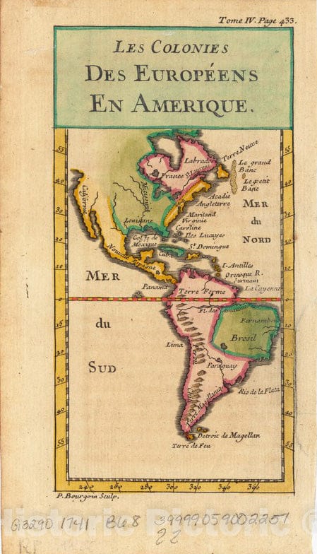 Historical Map, 1741-1774 Les Colonies des EuropeIens en Amerique, Vintage Wall Art