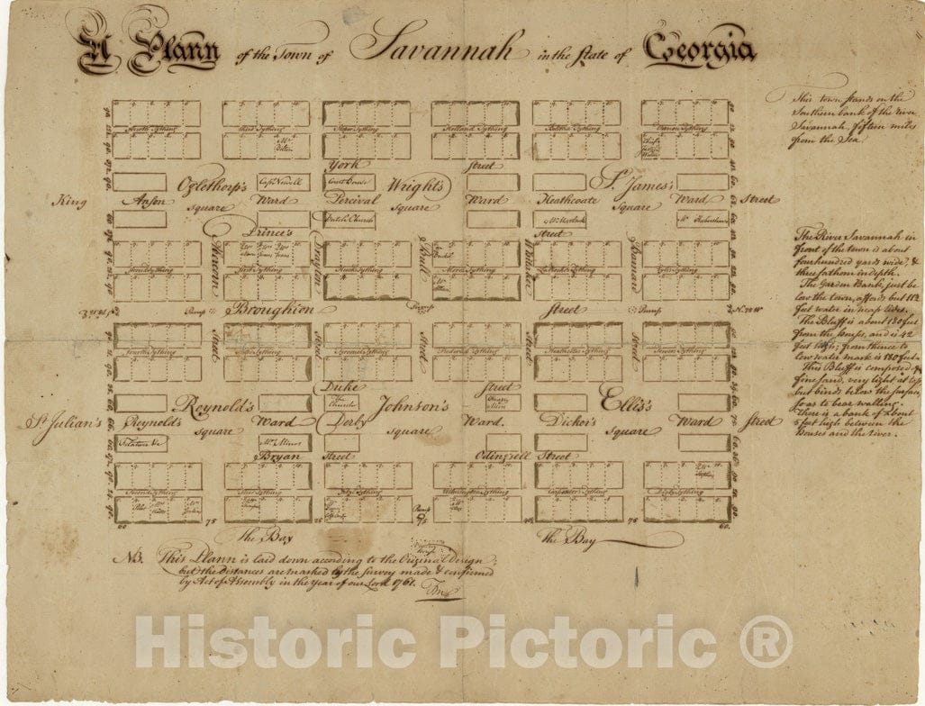 Historical Map, 1761 A Plann of The Town of Savannah in The State of Georgia, Vintage Wall Art