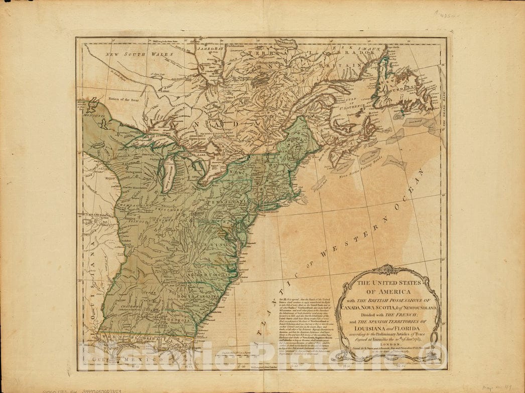 Historical Map, 1783 The United States of America with The British Possessions of Canada, Nova Scotia, of Newfoundland, Divided with The French, Vintage Wall Art