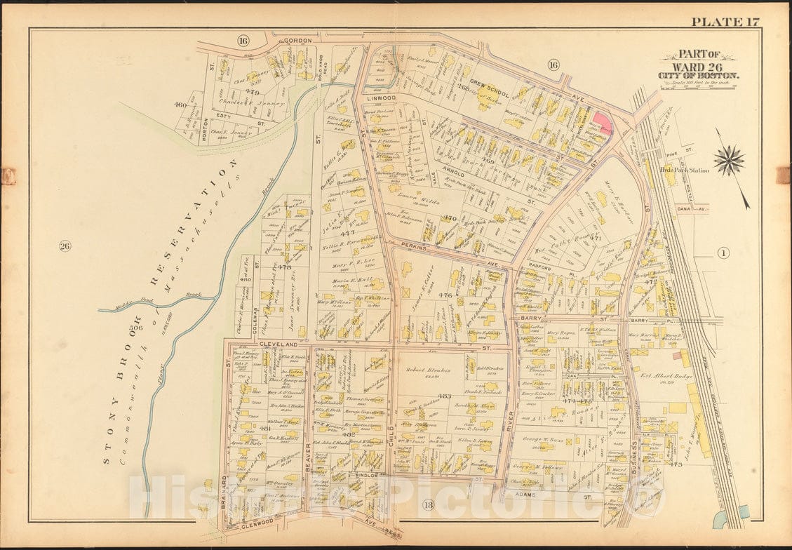 Historical Map, Atlas of The City of Boston, Ward 26, Hyde Park : Plate 17, Vintage Wall Art