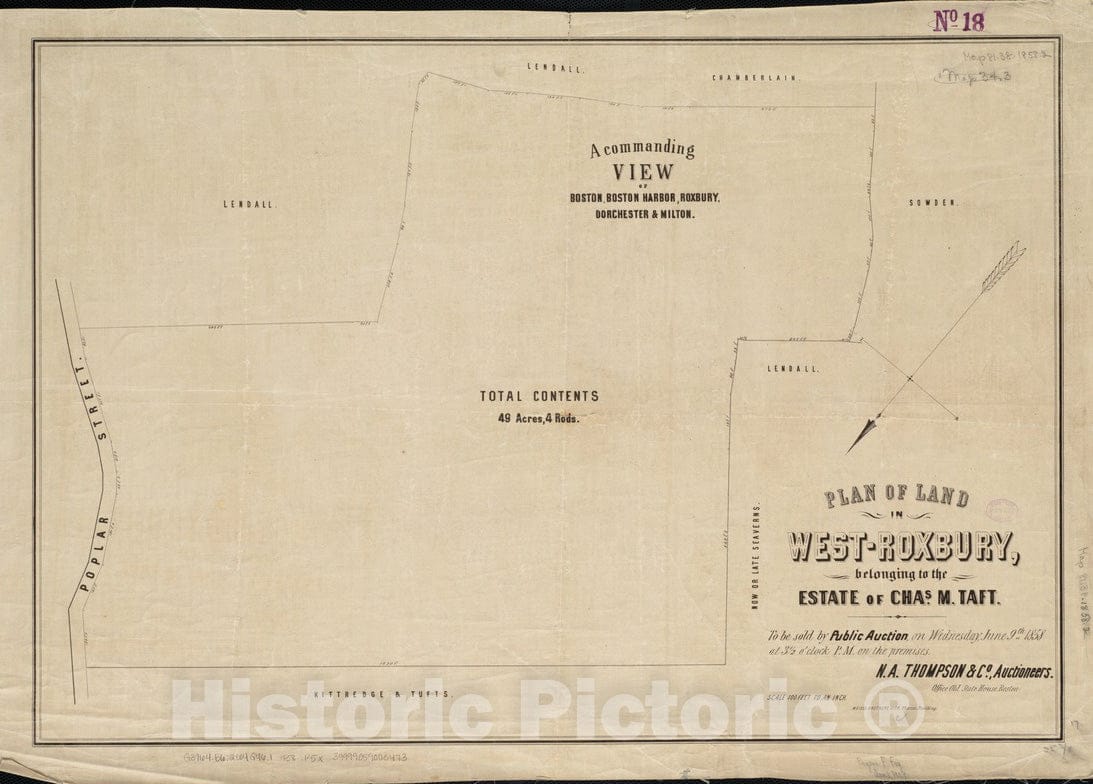 Historical Map, 1858 Plan of Lands in West-Roxbury, Belonging to The Estate of Chas. M. TAFT, c1858, Vintage Wall Art