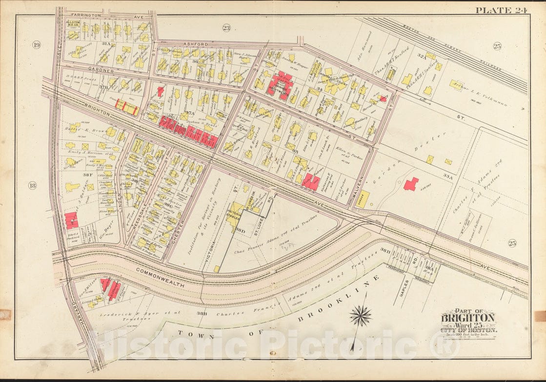 Historical Map, 1909 Atlas of The City of Boston, Ward 25, Brighton : Plate 24, Vintage Wall Art