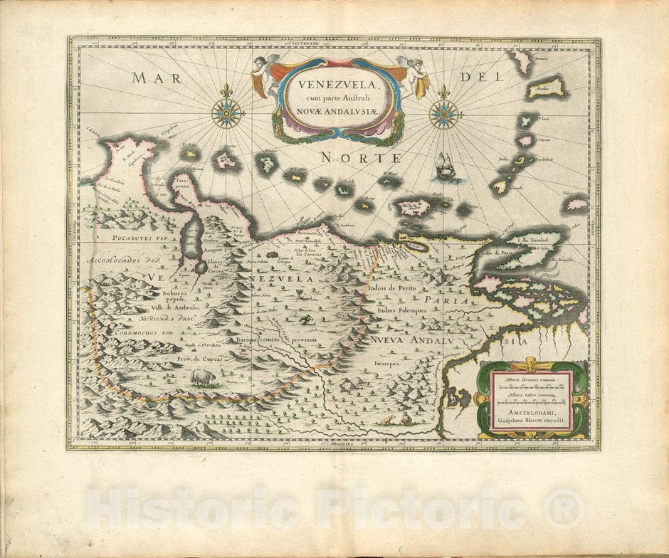 Historical Map, 1650 Venezuela, cum partie Australi Novae Andalusiae, Vintage Wall Art