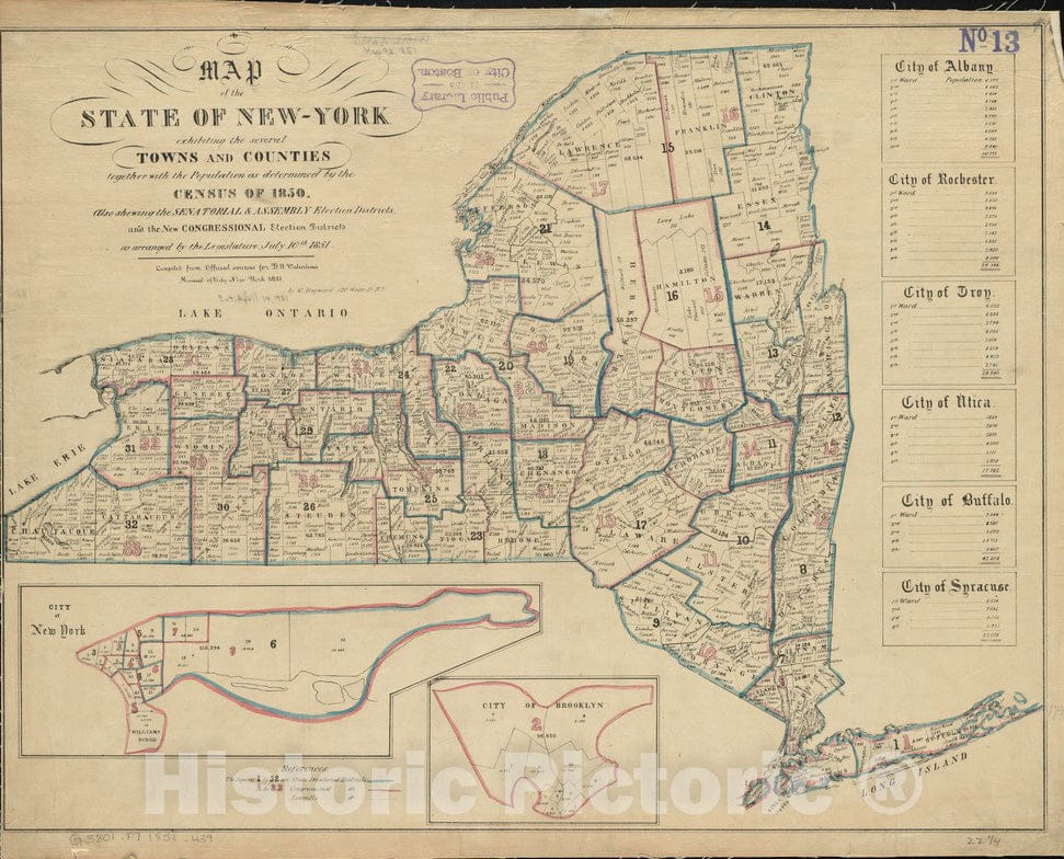 Historical Map, 1851 Map of The State of New-York exhibiting The Several Towns and Counties Together with The Population as Determined by The Census of 1850, Vintage Wall Art