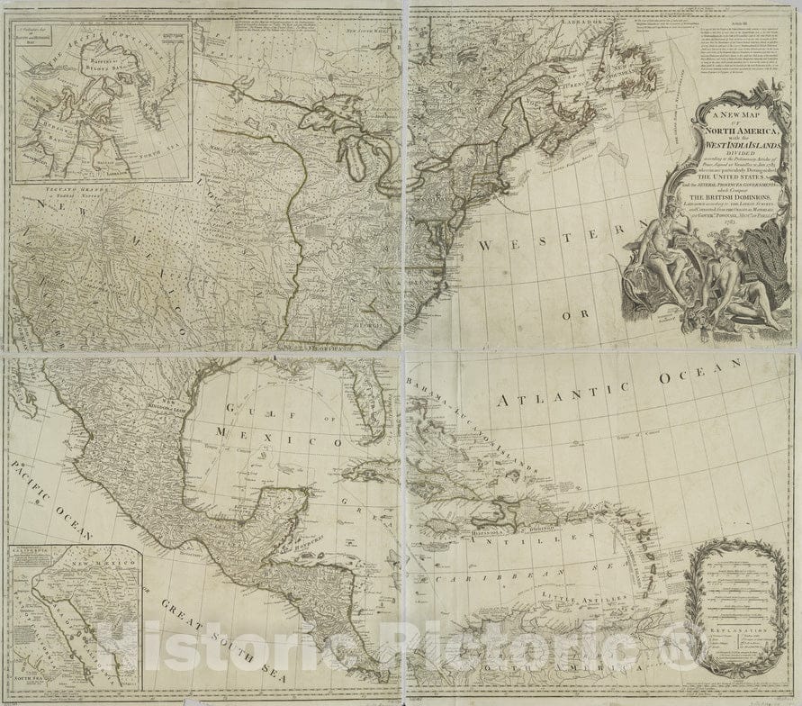 Historical Map, 1783 A New map of North America with The West India Islands : Divided According to The Preliminary Articles of Peace, Signed at Versailles, Vintage Wall Art