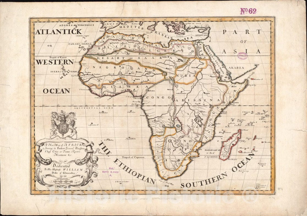 Historical Map, 1700 A New map of Africk : shewing its Present General divisions cheif Cities or Towns, Rivers, Mountain et Cetera, Vintage Wall Art