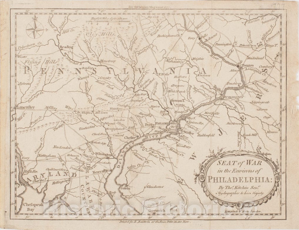 Historical Map, 1777 Seat of war in The Environs of Philadelphia, Vintage Wall Art