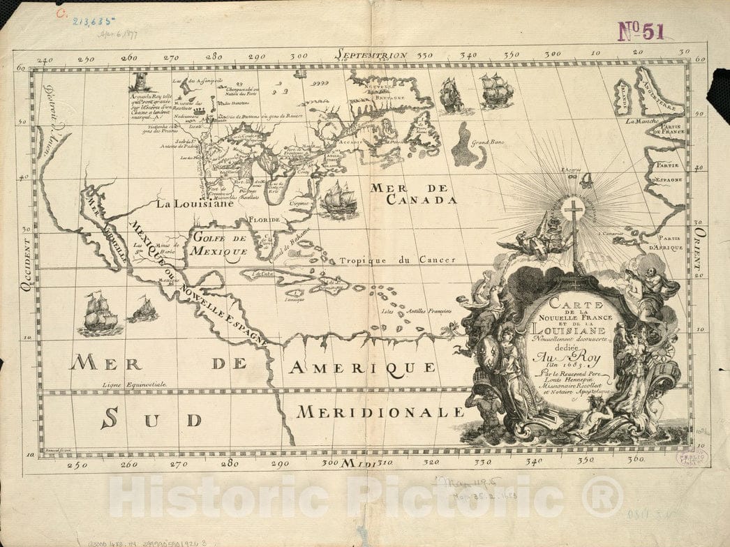 Historical Map, Carte de la Nouuelle France et de la Louisiane nouuellement deIcouuerte : dedieIe au Roy l'an 1683, Vintage Wall Art