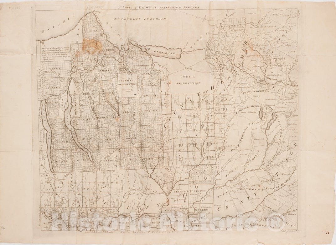 Historical Map, 1792 1st. Sheet of De Witt's State-map of New York, Vintage Wall Art