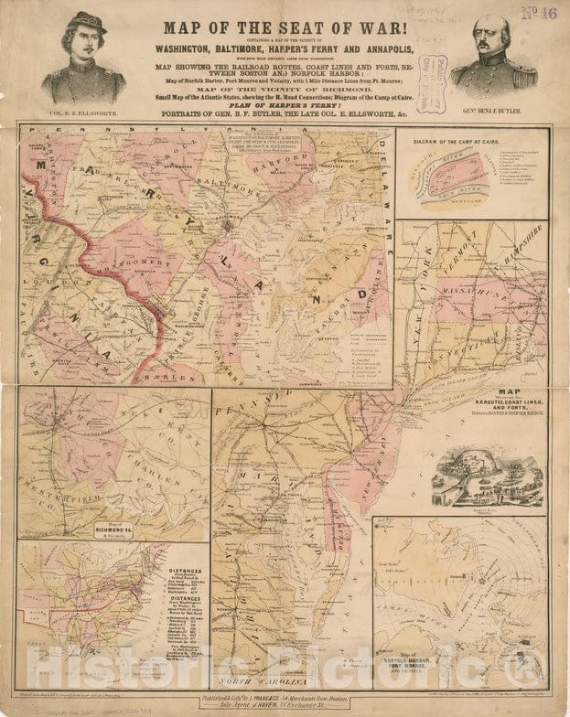 Historical Map, ca. 1861 Map of The seat of war : containing a map of The Vicinity of Washington, Baltimore, Harper's Ferry and Annapolis, Vintage Wall Art