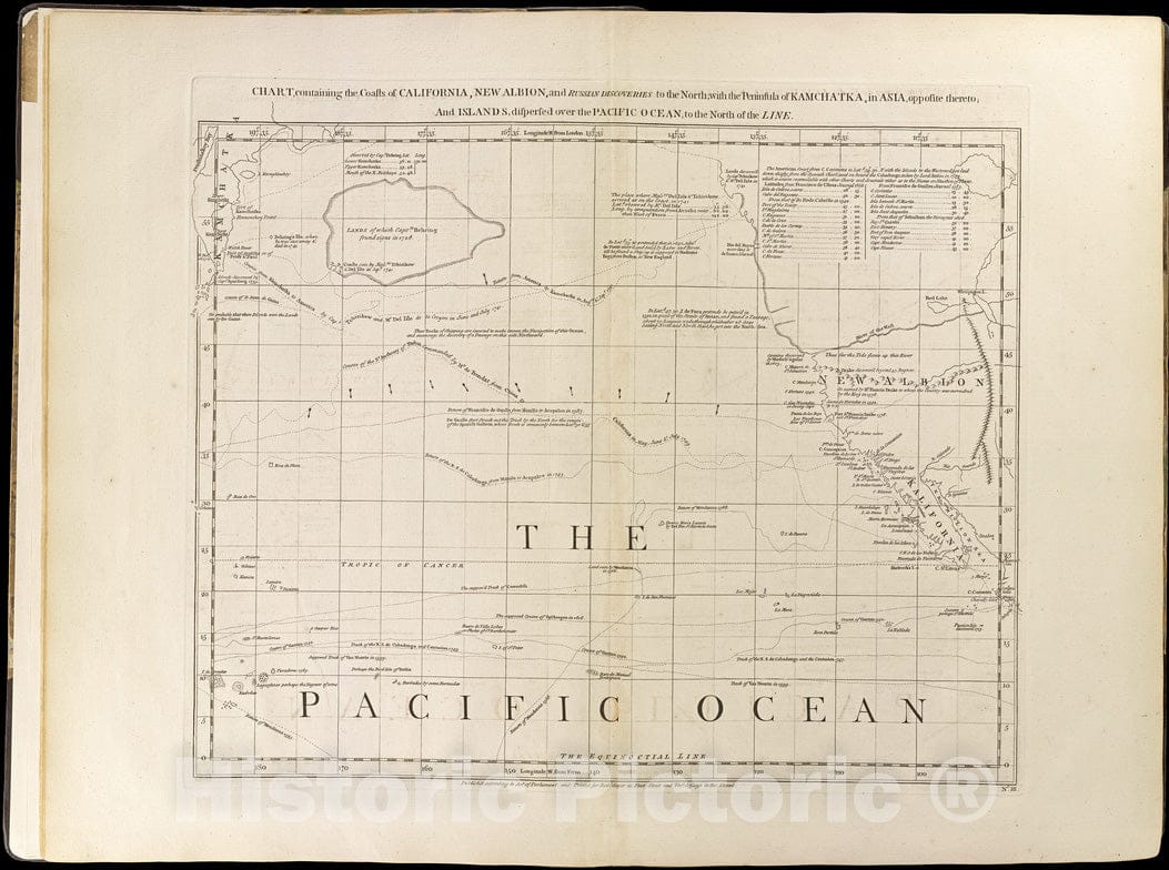 Historical Map, 1768 Chart containing The coasts of California, New Albion, and Russian Discoveries to The North : with The Peninsula of Kamchatka, in Asia, Vintage Wall Art