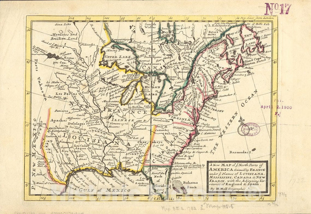 Historical Map, 1732 A New map of ye North Parts of America Claimed by France Under ye Names of Louisiana, Mississipi, Canada & New France, Vintage Wall Art