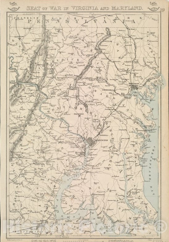 Historical Map, 1862 Seat of war in Virginia and Maryland, Vintage Wall Art