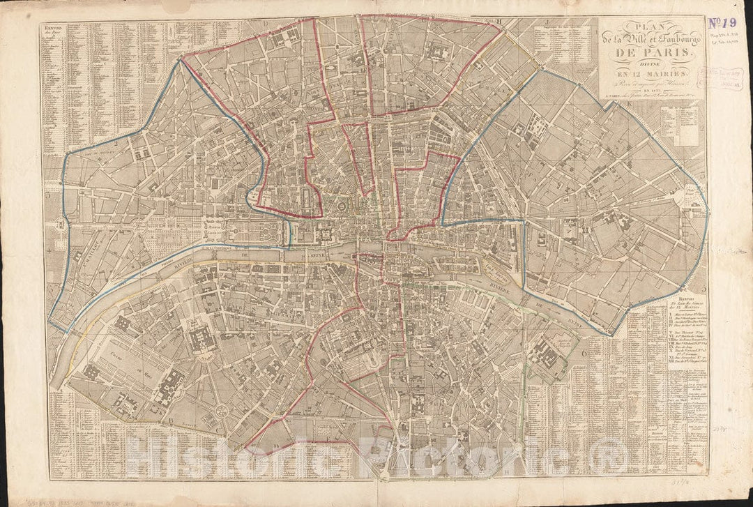 Historical Map, 1833 Plan de la ville et faubourgs de Paris, diviseI en 12 mairies, Vintage Wall Art