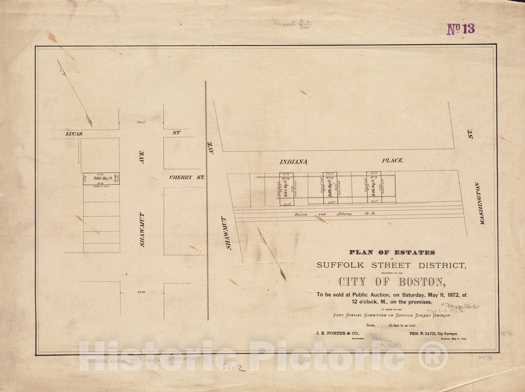 Historical Map, 1872 Plan of Estates on Suffolk Street District, Belonging to The City of Boston, to be Sold at Public Auction, on Saturday, May 11, 1872, Vintage Wall Art