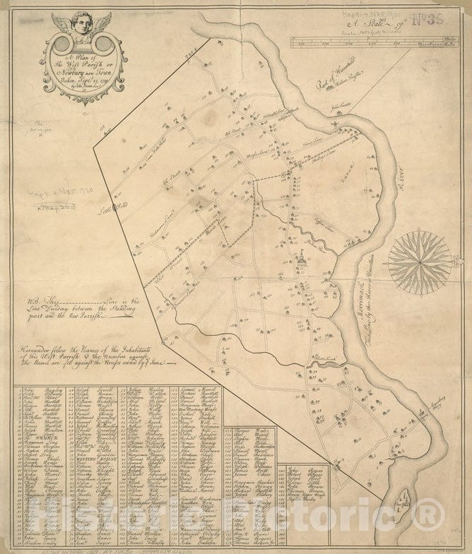 Historical Map, A Plan of The west Parish or Newbury New Town : Taken Septs. 15, 1729, Vintage Wall Art