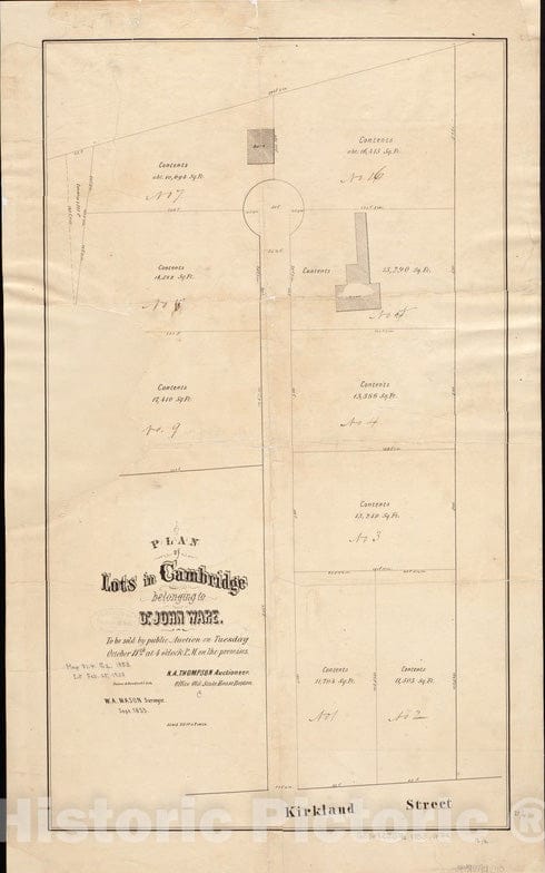 Historical Map, 1853 Plan of Lots in Cambridge Belonging to Dr. John Ware : to be Sold by Public Auction on Tuesday October 11th, at 4 o'clock p.m. on The Premises, Vintage Wall Art