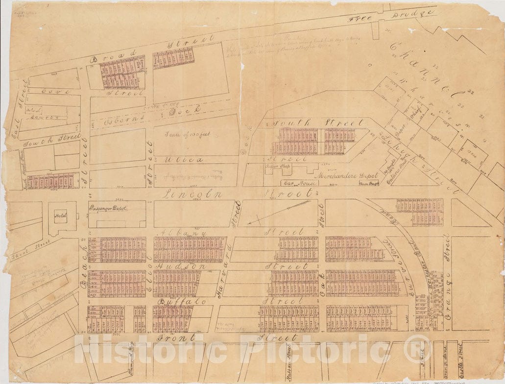 Historical Map, 1842-1862 [Plan of Lots in Chinatown, Between Broad and Front Streets, and Beach and Orange Streets, Boston], Vintage Wall Art