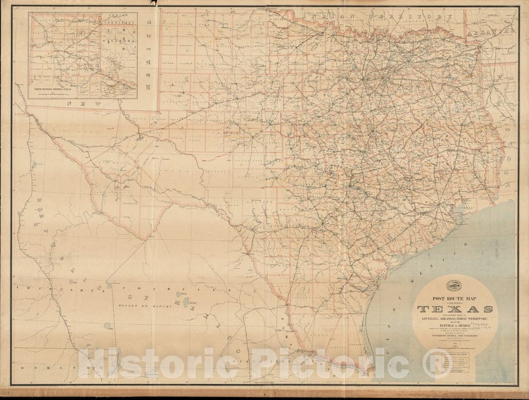 Historical Map, 1891 Post Route map of The State of Texas with Adjacent Parts of Louisiana, Arkansas, Indian Territory and of The Republic of Mexico, Vintage Wall Art