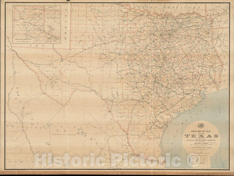 Historical Map, 1891 Post Route map of The State of Texas with Adjacent Parts of Louisiana, Arkansas, Indian Territory and of The Republic of Mexico, Vintage Wall Art