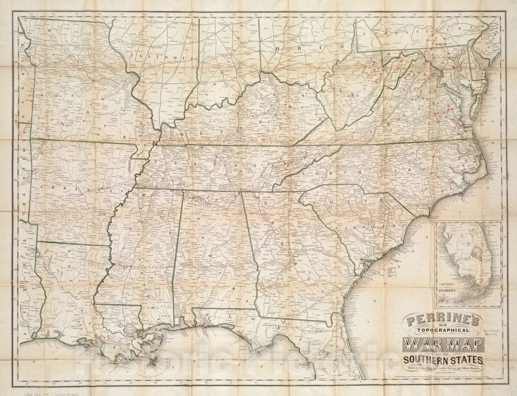 Historical Map, c.1863 Perrine's New Topographical war map of The Southern States : Taken from The Latest Government surveys and Official Reports, Vintage Wall Art