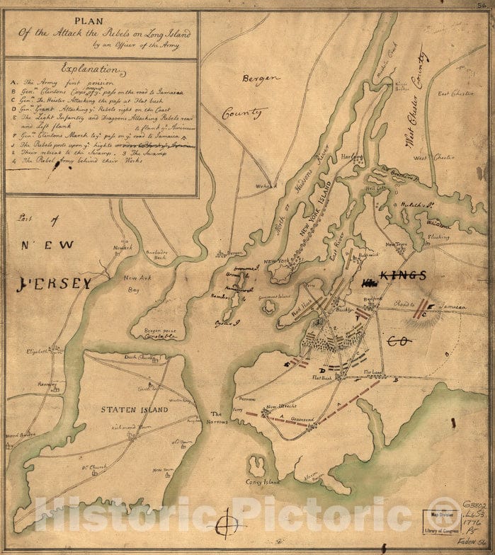 Historical Map, 1776 Plan of The Attack The Rebels on Long Island, by an Officer of The Army, Vintage Wall Art