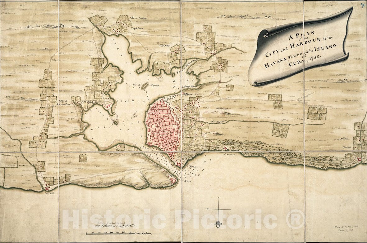 Historical Map, 1740 A Plan of The City and Harbour of The Havana situated on The Island of Cuba, Vintage Wall Art