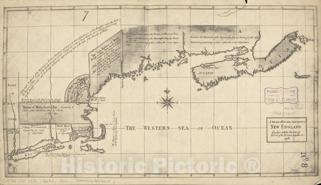 Historical Map, A Small map of The sea Coast of New England Together with The Outlines of Several of The Provinces Lying thereon, 1738, Vintage Wall Art