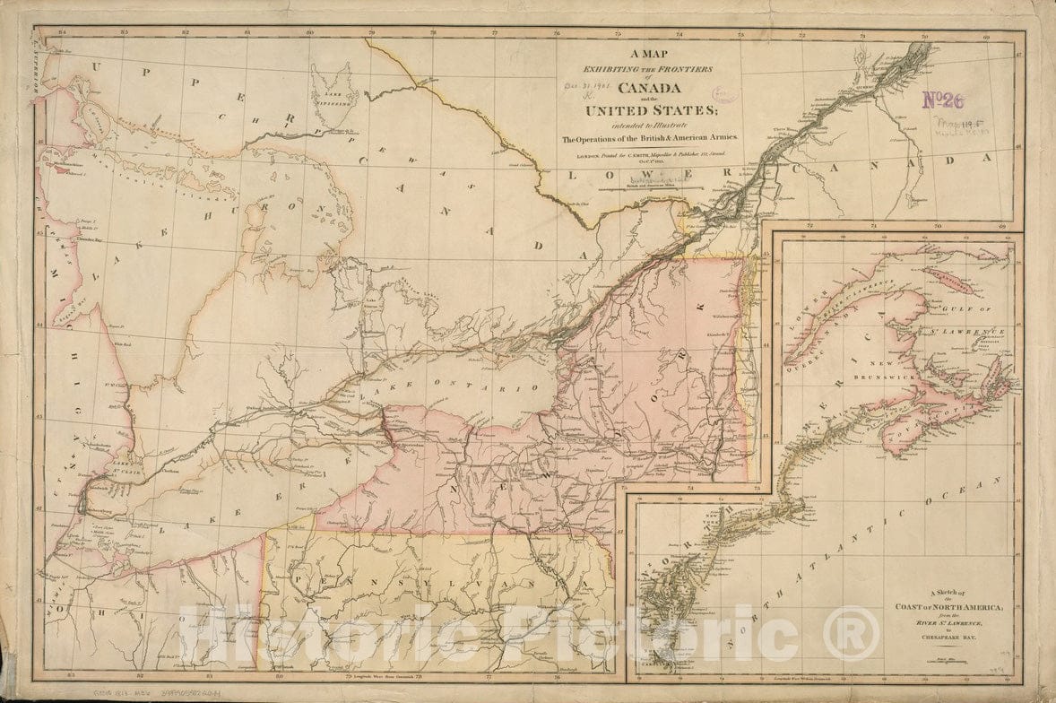 Historical Map, 1813 A Map exhibiting the frontiers of Canada and the United States : intended to illustrate the operations of the British & American armies, Vintage Wall Art