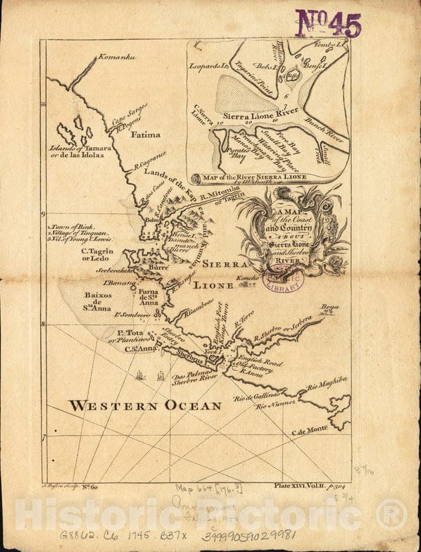 Historical Map, 1745-1747 A map of The Coast and Country About Sierra Lione and Sherbro River, Vintage Wall Art