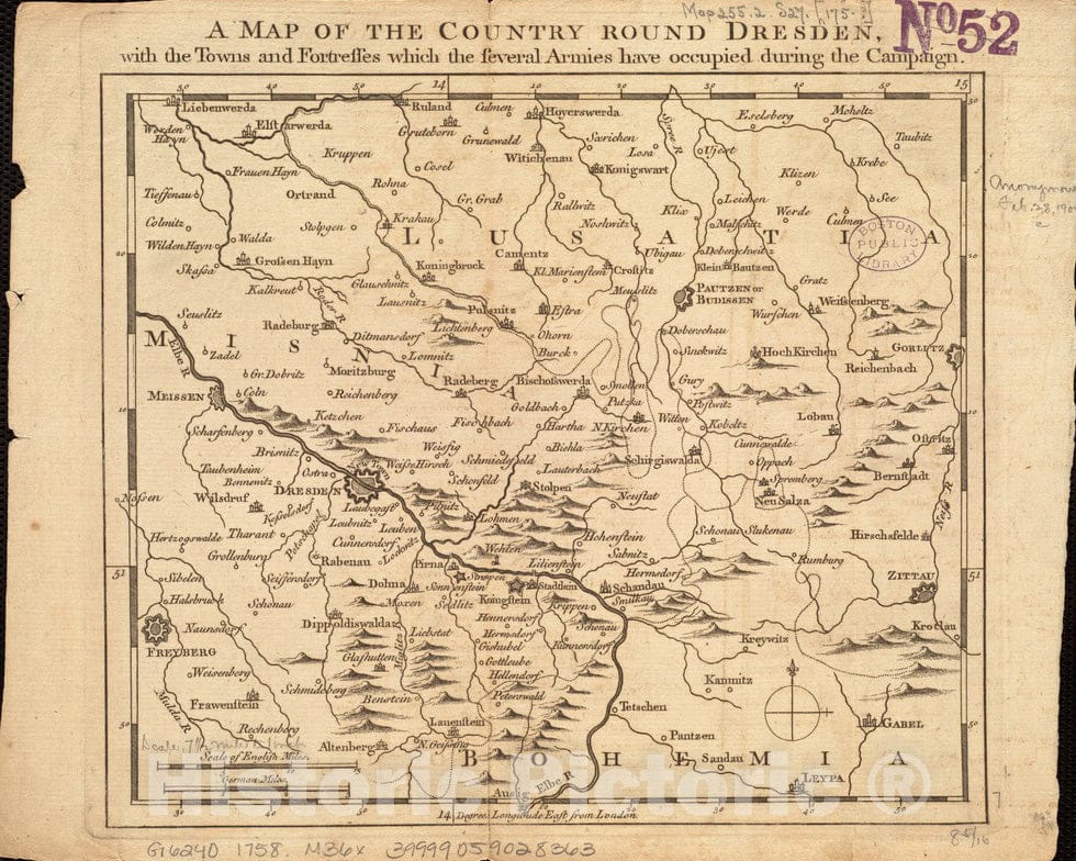 Historical Map, 1758 A map of The Country Round Dresden, with The Towns and Fortresses which The Several Armies Have Occupied During The Campaign, Vintage Wall Art