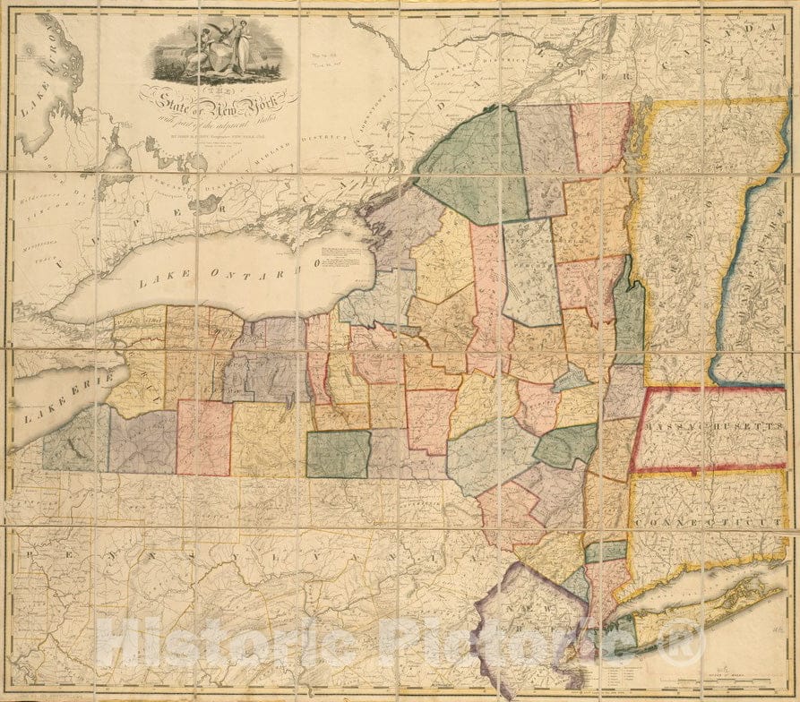 Historical Map, 1818 The State of New York with Part of The Adjacent States, Vintage Wall Art