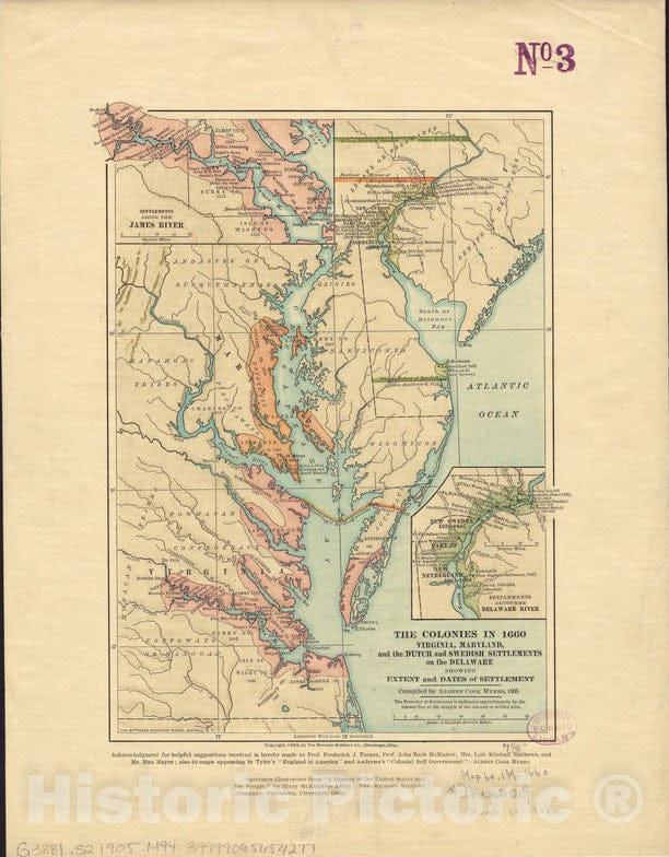 Historical Map, The Colonies in 1660, Virginia, Maryland, and The Dutch and Swedish settlements on The Delaware Showing Extent and Dates of Settlement, Vintage Wall Art