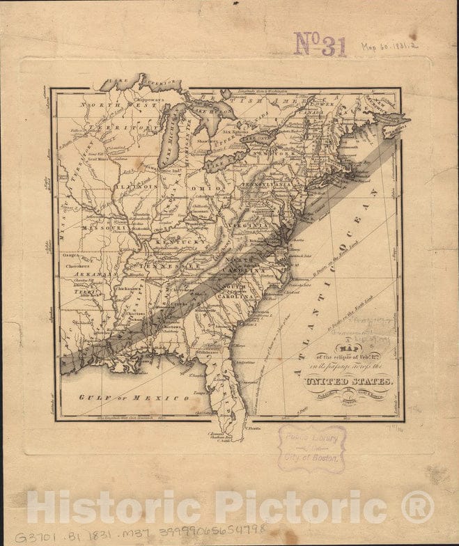 Historical Map, 1831 A map of the eclipse of Feby. 12th in its passage across the United States, Vintage Wall Art