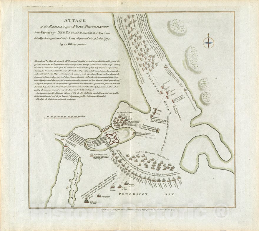 Historical Map, 1785 Attack of the rebels upon Fort Penobscot in the province of New England in which their fleet was totally destroyed and their Army dispersed the 14th Augst. 1779 Vintage Wall Art