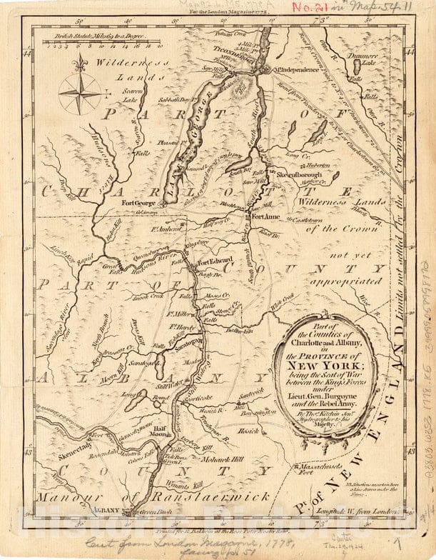 Historical Map, 1778 Pof The Counties of Charlotte and Albany, in The Province of New York : Being The seat of war Between The King's Forces Under Lieut. Gen, Vintage Wall Art