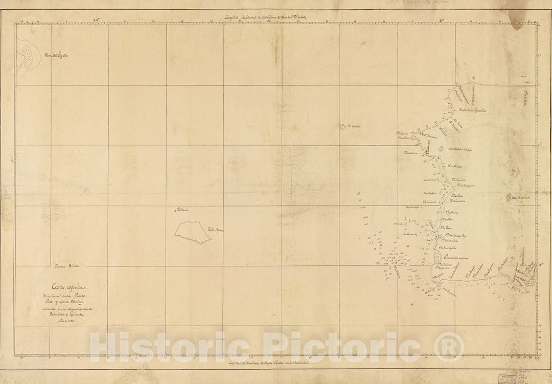 Historical Map, 1793 Carta esfeIrica de la Canal Entre Puerto Rico y Santo Domingo, Vintage Wall Art