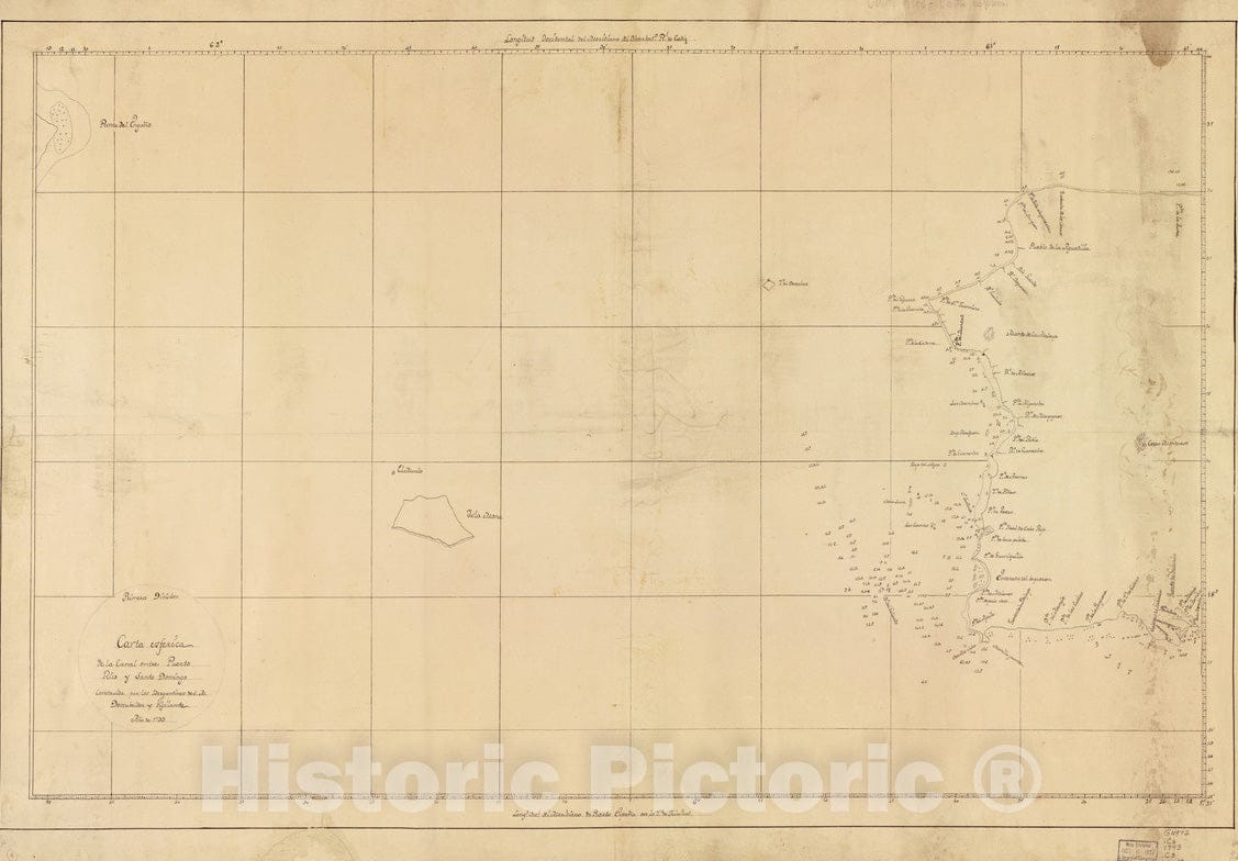 Historical Map, 1793 Carta esfeIrica de la Canal Entre Puerto Rico y Santo Domingo, Vintage Wall Art