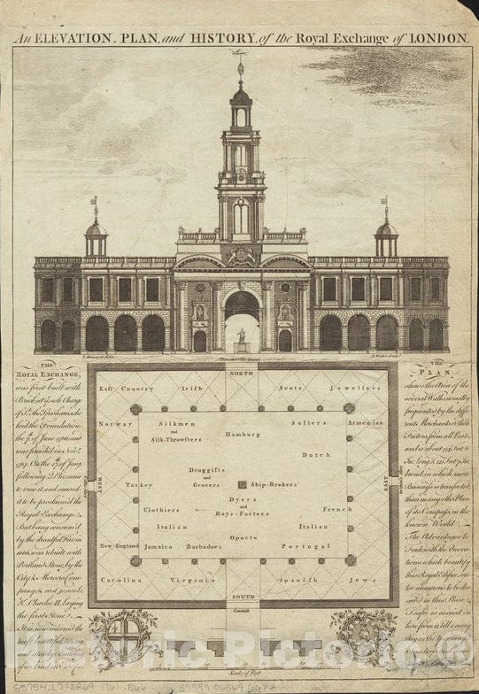 Historical Map, 1761 an Elevation, Plan, and History, of The Royal Exchange of London, Vintage Wall Art