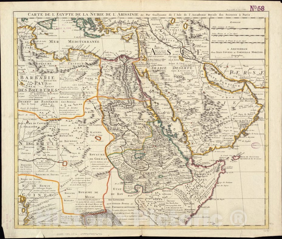 Historical Map, 1733 Carte de l'Egypte, de la Nubie, de l'Abissinie et Cetera, Vintage Wall Art