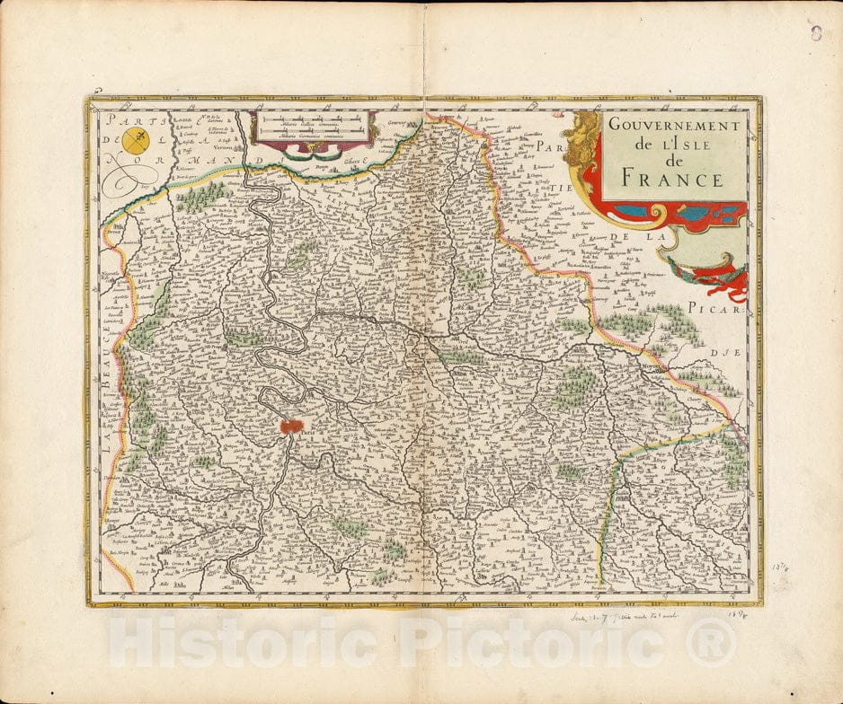 Historical Map, ca. 1633 Gouvernement de l'Isle de France, Vintage Wall Art