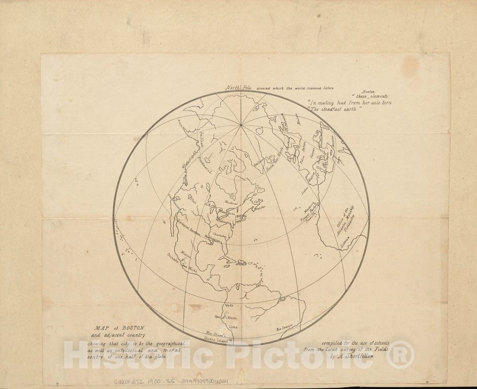 Historical Map, 1850-1900 Map of Boston and adjacent country showing that city to be the geographical as well as intellectual and moral centre of one half of the globe, Vintage Wall Art