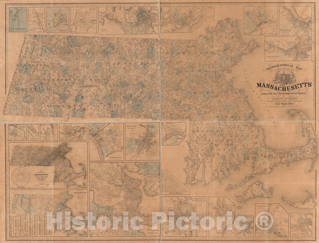 Historical Map, 1861 Topographical map of The State of Massachusetts, Vintage Wall Art