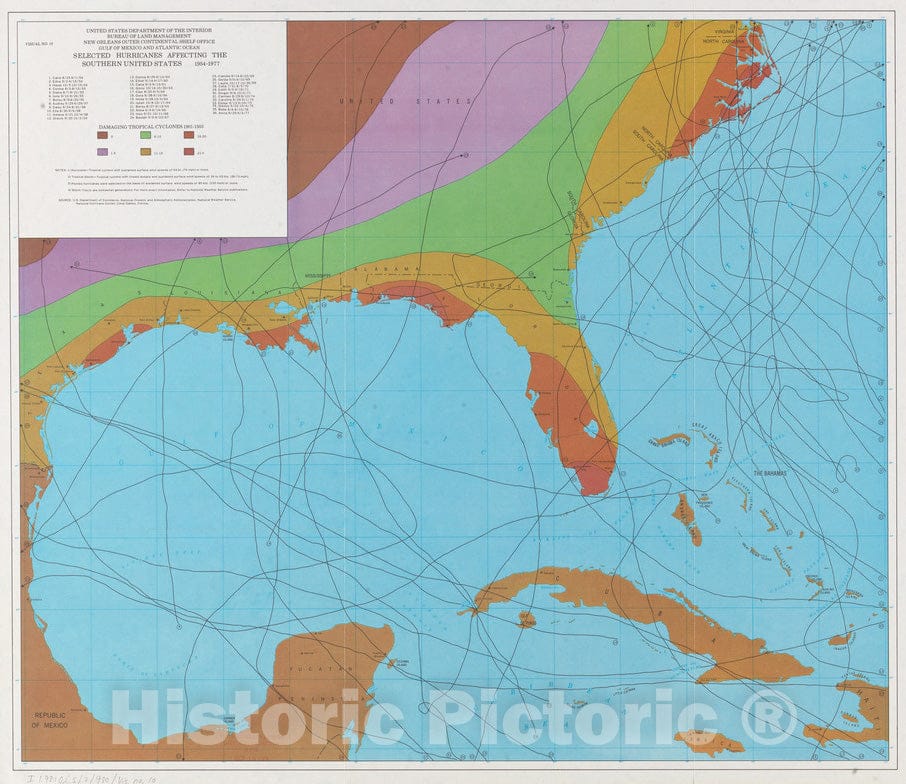 Historical Map, 1978 Selected Hurricanes Affecting The Southern United States 1954-1977, Vintage Wall Art