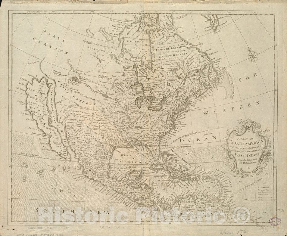 Historical Map, 1740 A map of North America, with The European settlements & Whatever Else is Remarkable in ye West Indies, from The Latest and Best observations, Vintage Wall Art