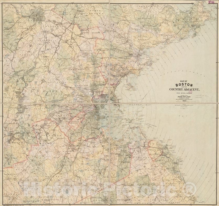 Historical Map, ca. 1892 Map of Boston and The Country Adjacent from Actual surveys, Vintage Wall Art