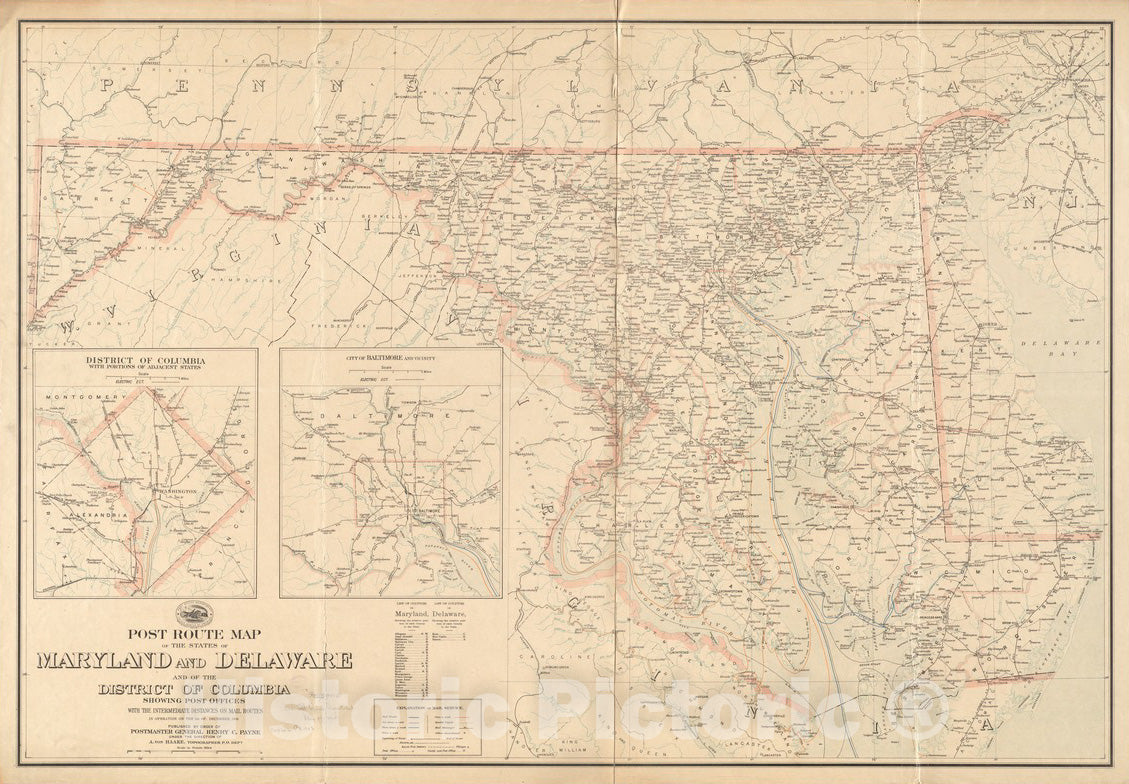 Historical Map, 1903 Post Route map of The States of Maryland and Delaware and of The District of Columbia Showing Post Offices with The Intermediate Distances, 1903, Vintage Wall Art